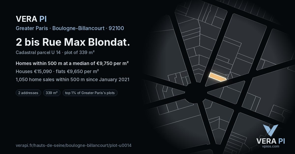 2 bis Rue Max Blondat, Boulogne-Billancourt at night – the plot lit, the parcels around coloured by the prices near them