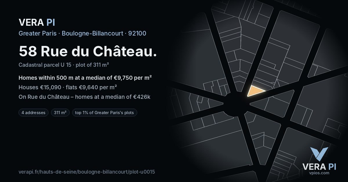 58 Rue du Château, Boulogne-Billancourt at night – the plot lit, the parcels around coloured by the prices near them