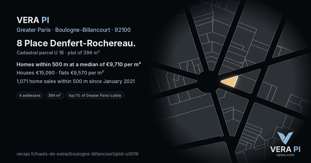 8 Place Denfert-Rochereau, Boulogne-Billancourt at night – the plot lit, the parcels around coloured by the prices near them