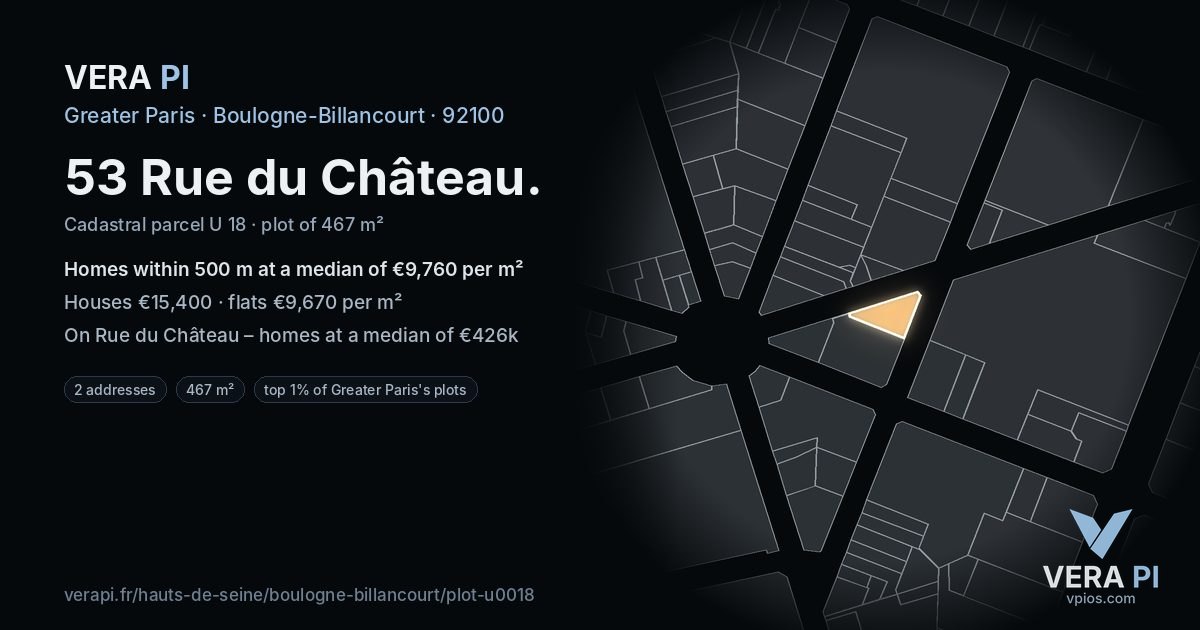 53 Rue du Château, Boulogne-Billancourt at night – the plot lit, the parcels around coloured by the prices near them