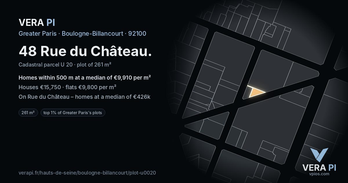 48 Rue du Château, Boulogne-Billancourt at night – the plot lit, the parcels around coloured by the prices near them
