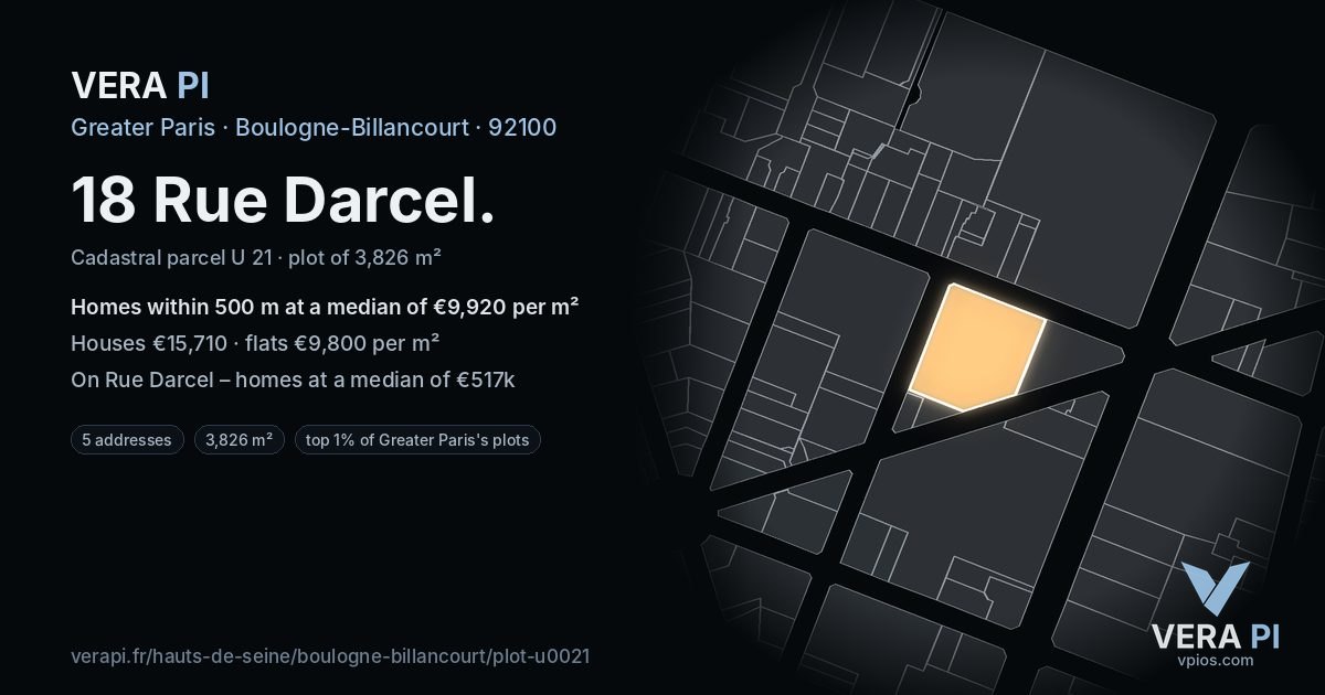 18 Rue Darcel, Boulogne-Billancourt at night – the plot lit, the parcels around coloured by the prices near them