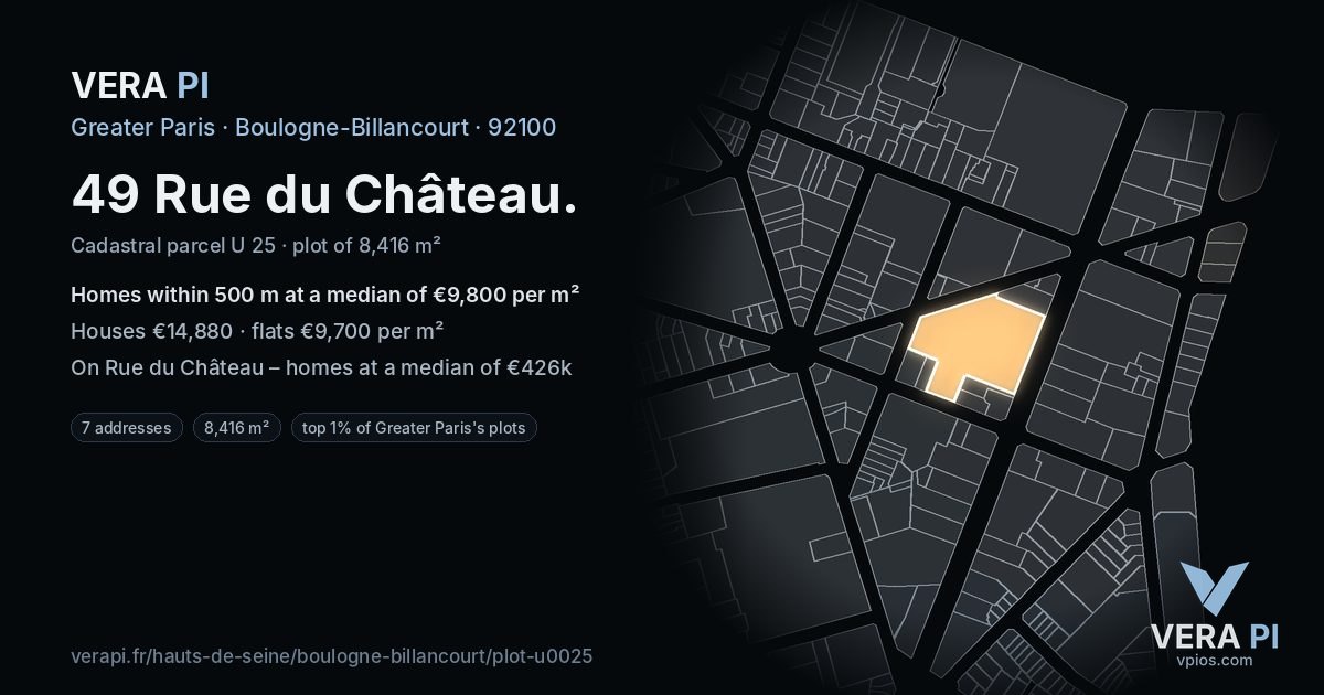 49 Rue du Château, Boulogne-Billancourt at night – the plot lit, the parcels around coloured by the prices near them