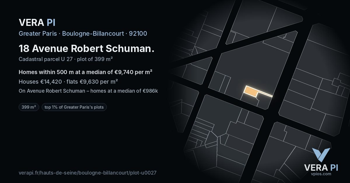 18 Avenue Robert Schuman, Boulogne-Billancourt at night – the plot lit, the parcels around coloured by the prices near them