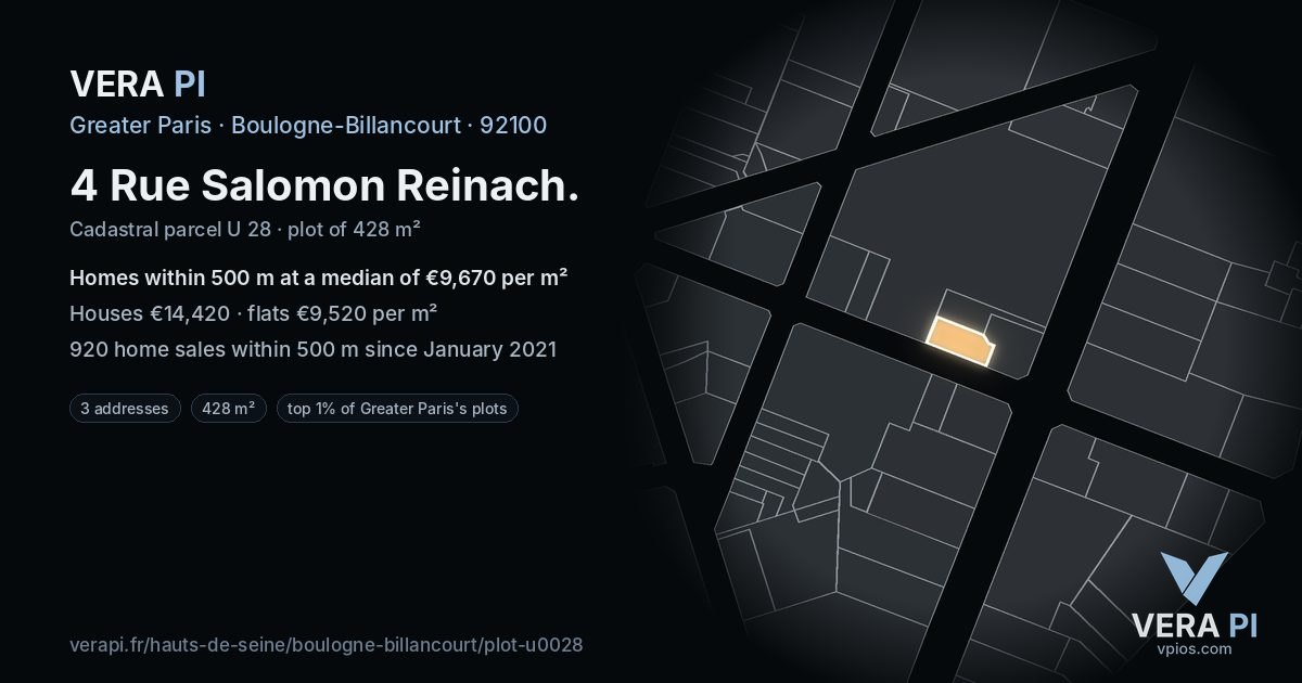 4 Rue Salomon Reinach, Boulogne-Billancourt at night – the plot lit, the parcels around coloured by the prices near them
