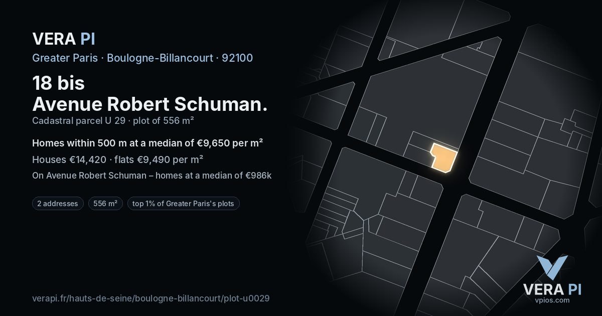 18 bis Avenue Robert Schuman, Boulogne-Billancourt at night – the plot lit, the parcels around coloured by the prices near them