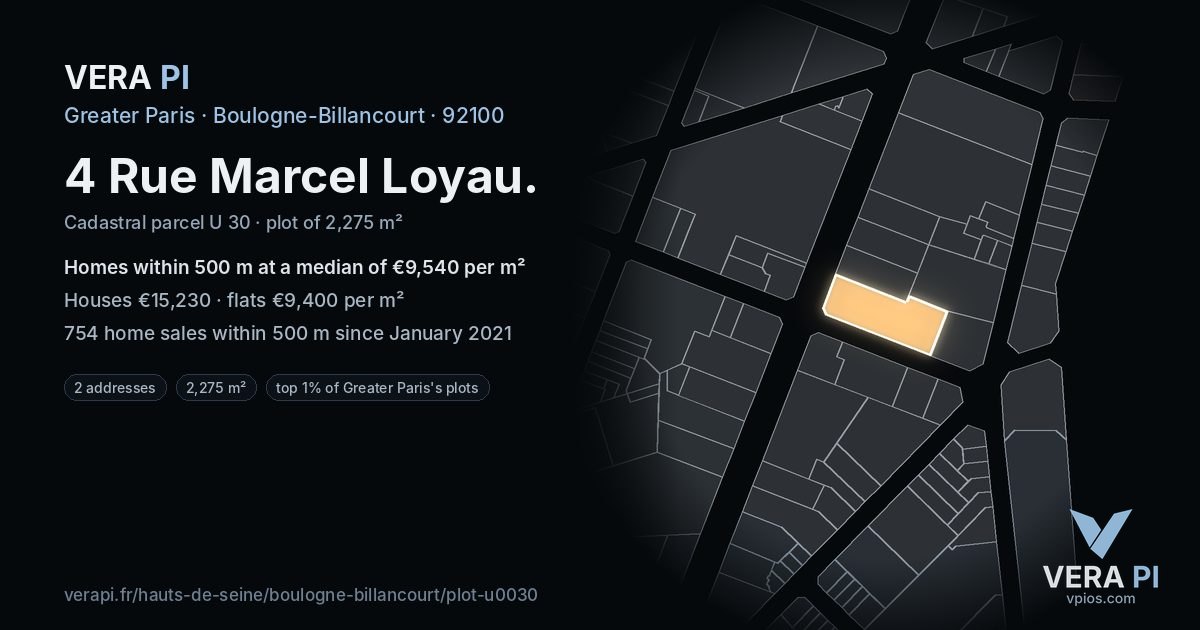4 Rue Marcel Loyau, Boulogne-Billancourt at night – the plot lit, the parcels around coloured by the prices near them