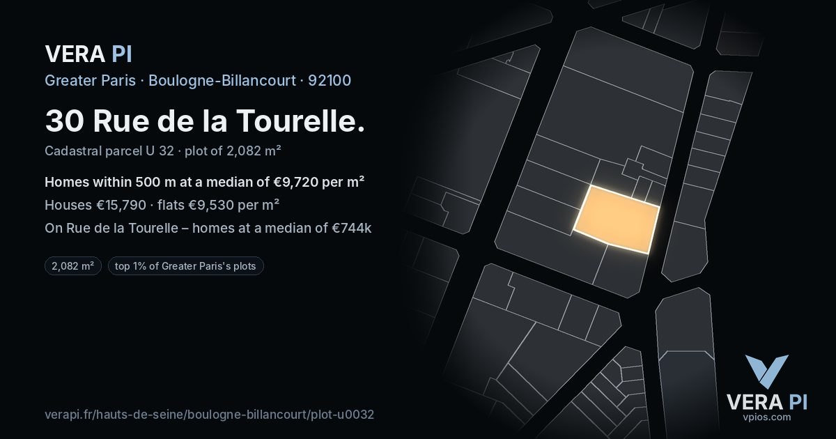 30 Rue de la Tourelle, Boulogne-Billancourt at night – the plot lit, the parcels around coloured by the prices near them