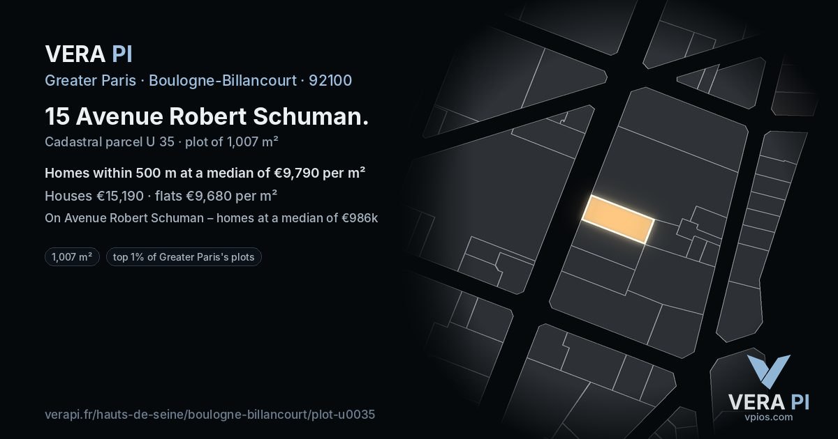 15 Avenue Robert Schuman, Boulogne-Billancourt at night – the plot lit, the parcels around coloured by the prices near them