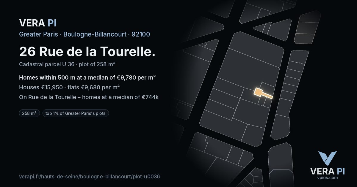 26 Rue de la Tourelle, Boulogne-Billancourt at night – the plot lit, the parcels around coloured by the prices near them