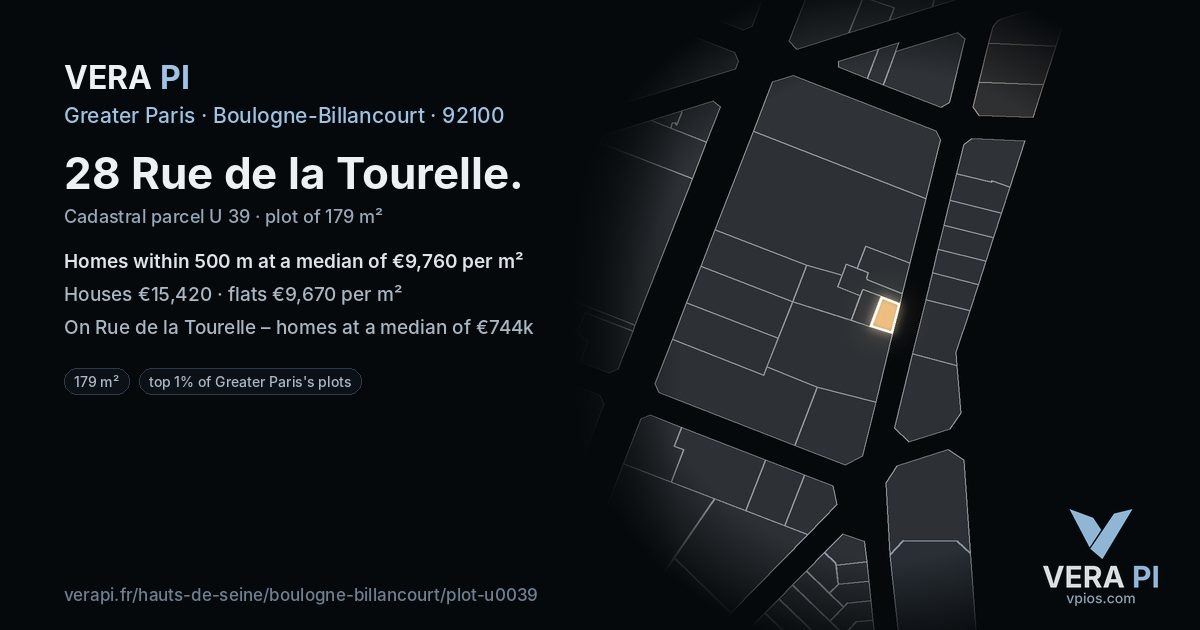 28 Rue de la Tourelle, Boulogne-Billancourt at night – the plot lit, the parcels around coloured by the prices near them