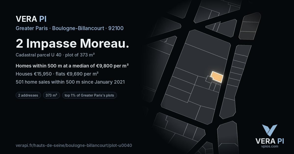 2 Impasse Moreau, Boulogne-Billancourt at night – the plot lit, the parcels around coloured by the prices near them