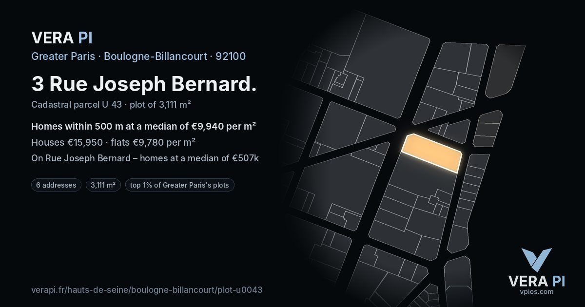 3 Rue Joseph Bernard, Boulogne-Billancourt at night – the plot lit, the parcels around coloured by the prices near them