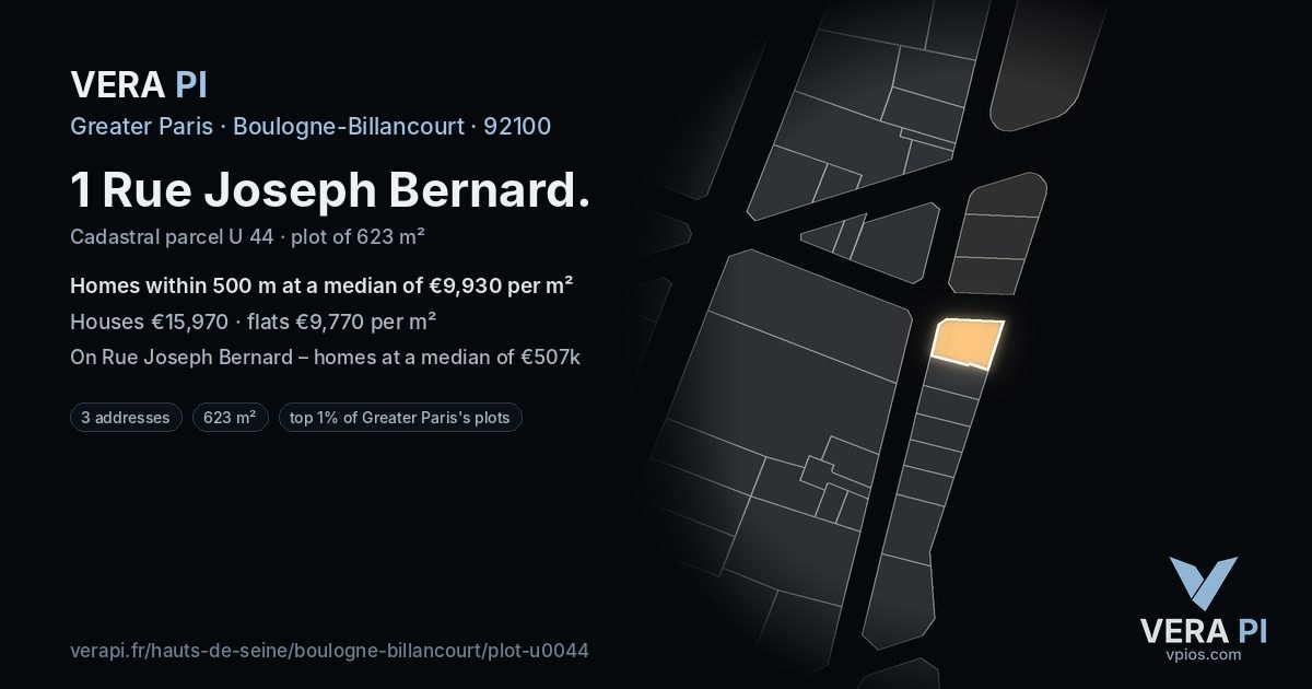1 Rue Joseph Bernard, Boulogne-Billancourt at night – the plot lit, the parcels around coloured by the prices near them