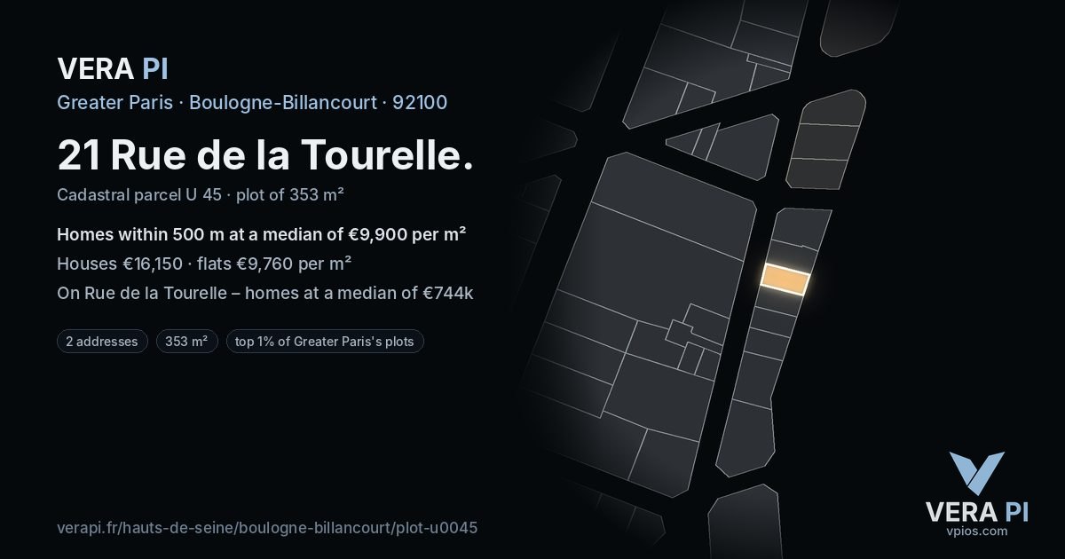 21 Rue de la Tourelle, Boulogne-Billancourt at night – the plot lit, the parcels around coloured by the prices near them