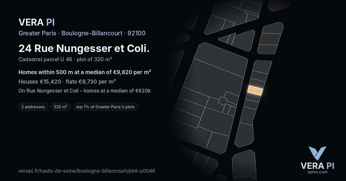 24 Rue Nungesser et Coli, Boulogne-Billancourt at night – the plot lit, the parcels around coloured by the prices near them
