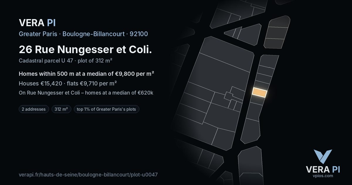 26 Rue Nungesser et Coli, Boulogne-Billancourt at night – the plot lit, the parcels around coloured by the prices near them