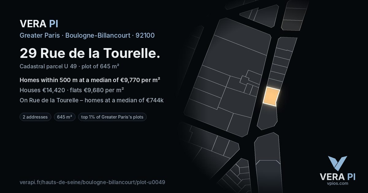 29 Rue de la Tourelle, Boulogne-Billancourt at night – the plot lit, the parcels around coloured by the prices near them