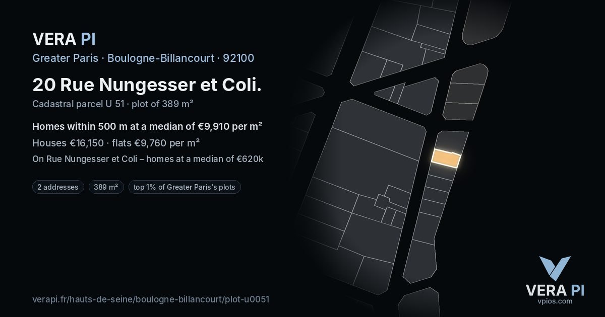 20 Rue Nungesser et Coli, Boulogne-Billancourt at night – the plot lit, the parcels around coloured by the prices near them