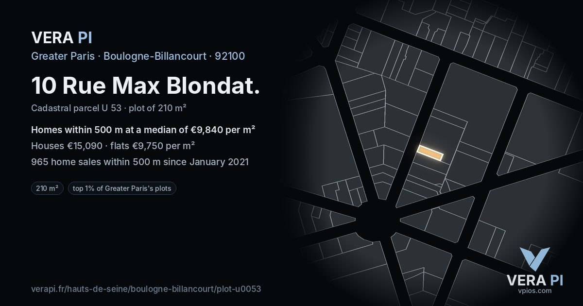10 Rue Max Blondat, Boulogne-Billancourt at night – the plot lit, the parcels around coloured by the prices near them