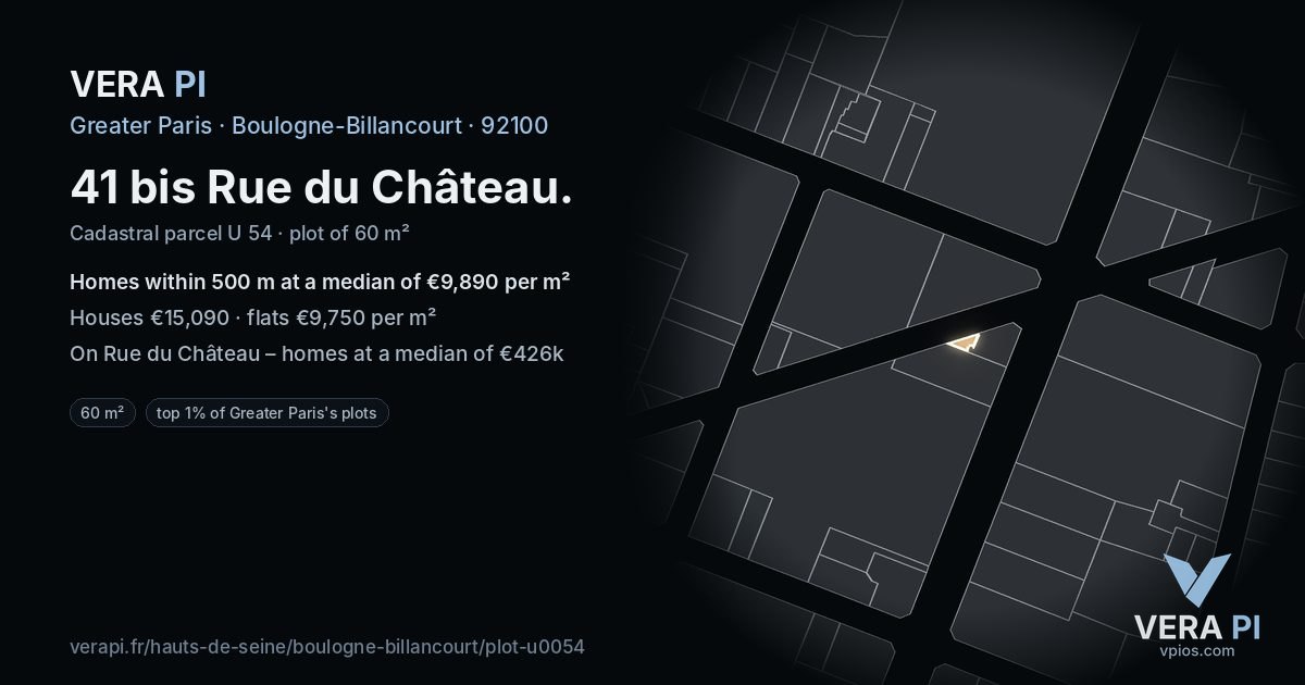41 bis Rue du Château, Boulogne-Billancourt at night – the plot lit, the parcels around coloured by the prices near them
