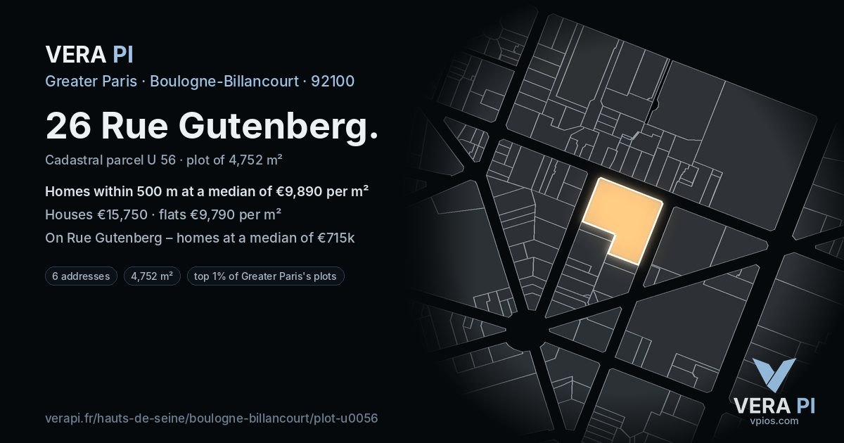 26 Rue Gutenberg, Boulogne-Billancourt at night – the plot lit, the parcels around coloured by the prices near them