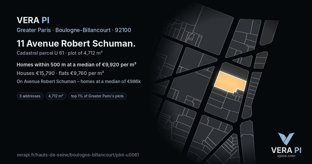 11 Avenue Robert Schuman, Boulogne-Billancourt at night – the plot lit, the parcels around coloured by the prices near them