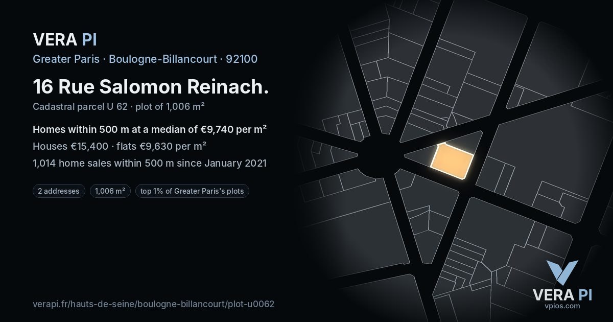 16 Rue Salomon Reinach, Boulogne-Billancourt at night – the plot lit, the parcels around coloured by the prices near them