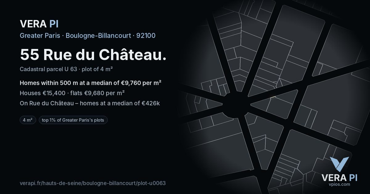 55 Rue du Château, Boulogne-Billancourt at night – the plot lit, the parcels around coloured by the prices near them