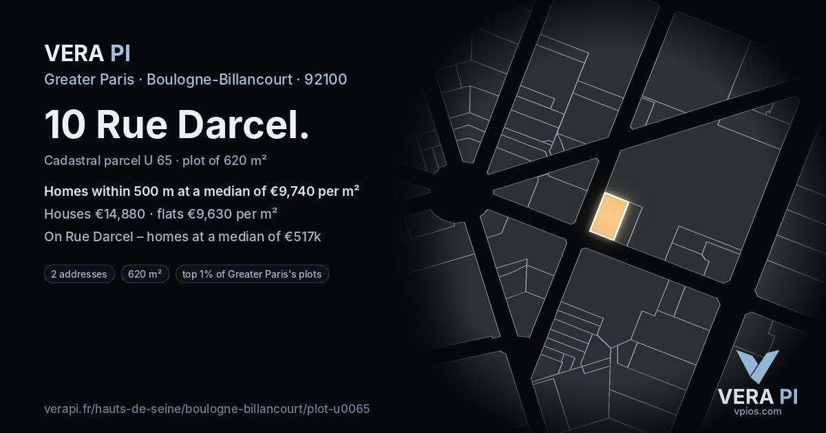 10 Rue Darcel, Boulogne-Billancourt at night – the plot lit, the parcels around coloured by the prices near them
