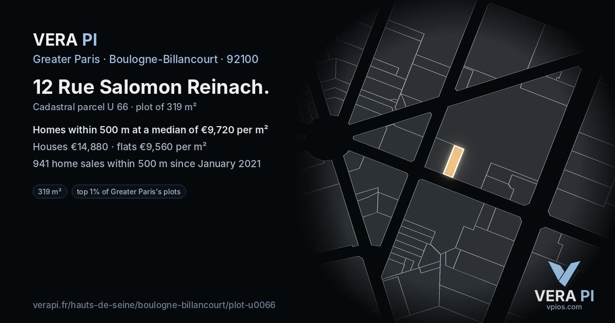 12 Rue Salomon Reinach, Boulogne-Billancourt at night – the plot lit, the parcels around coloured by the prices near them