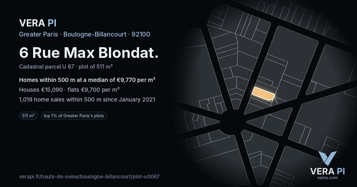 6 Rue Max Blondat, Boulogne-Billancourt at night – the plot lit, the parcels around coloured by the prices near them