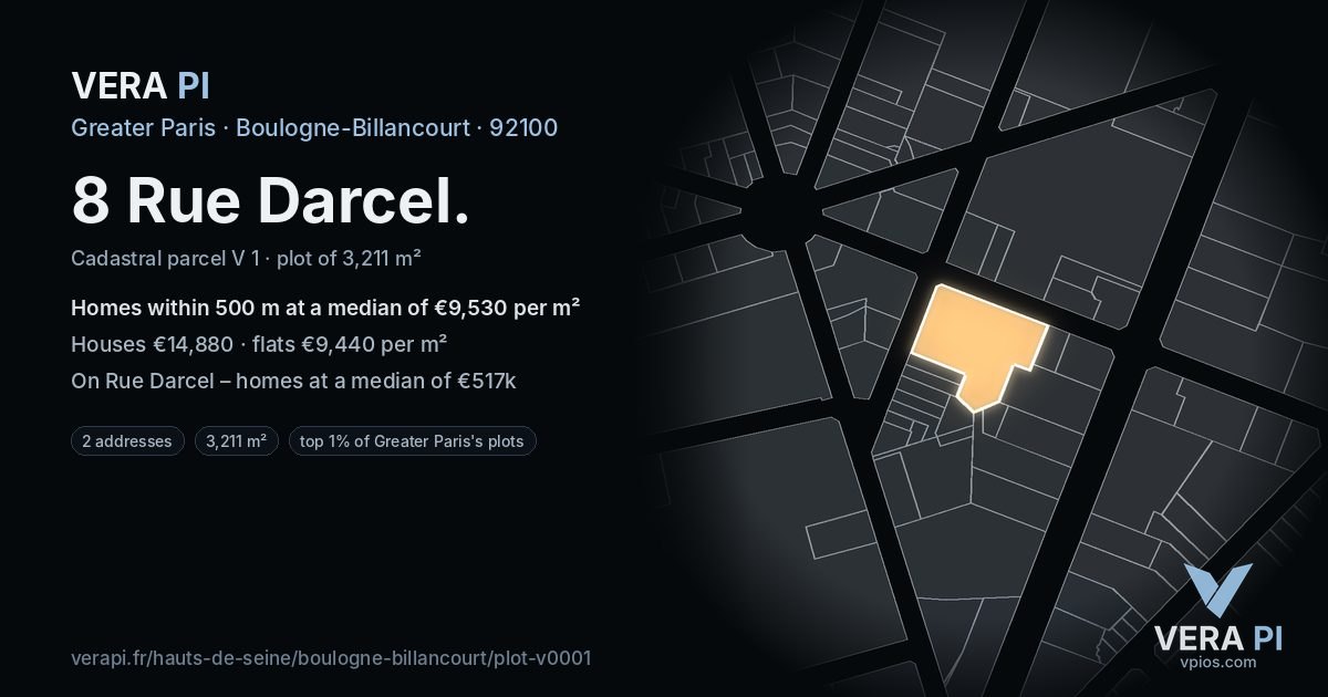 8 Rue Darcel, Boulogne-Billancourt at night – the plot lit, the parcels around coloured by the prices near them