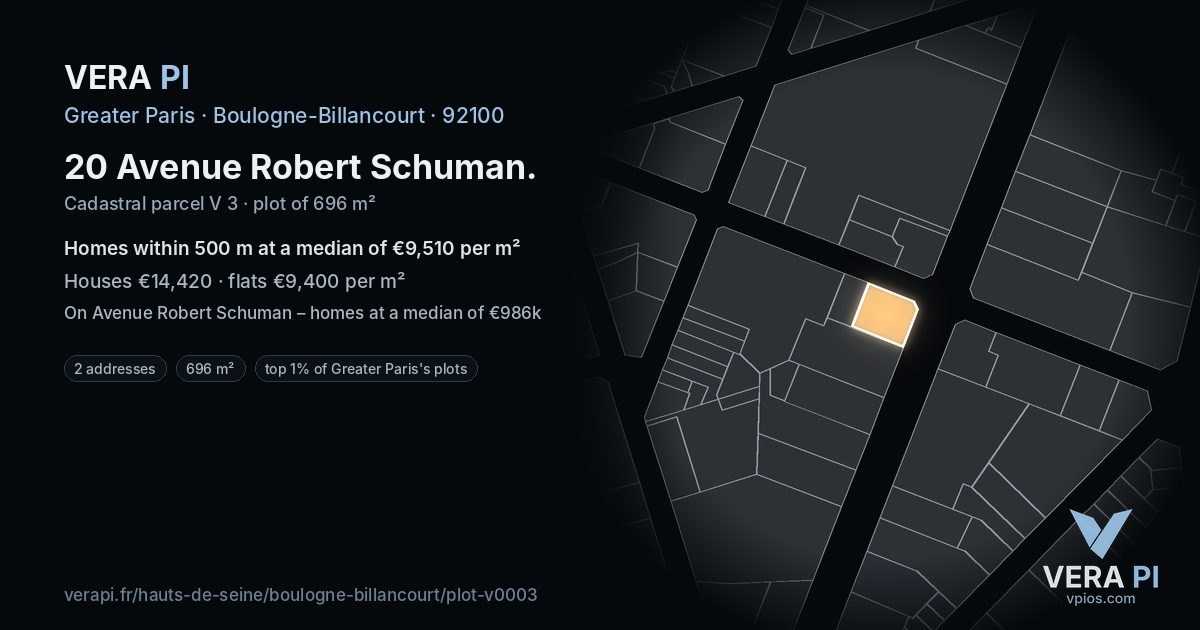 20 Avenue Robert Schuman, Boulogne-Billancourt at night – the plot lit, the parcels around coloured by the prices near them