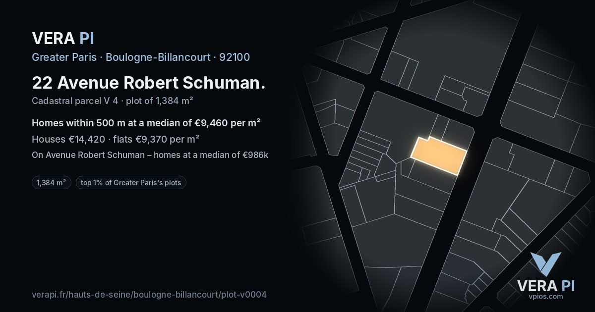 22 Avenue Robert Schuman, Boulogne-Billancourt at night – the plot lit, the parcels around coloured by the prices near them