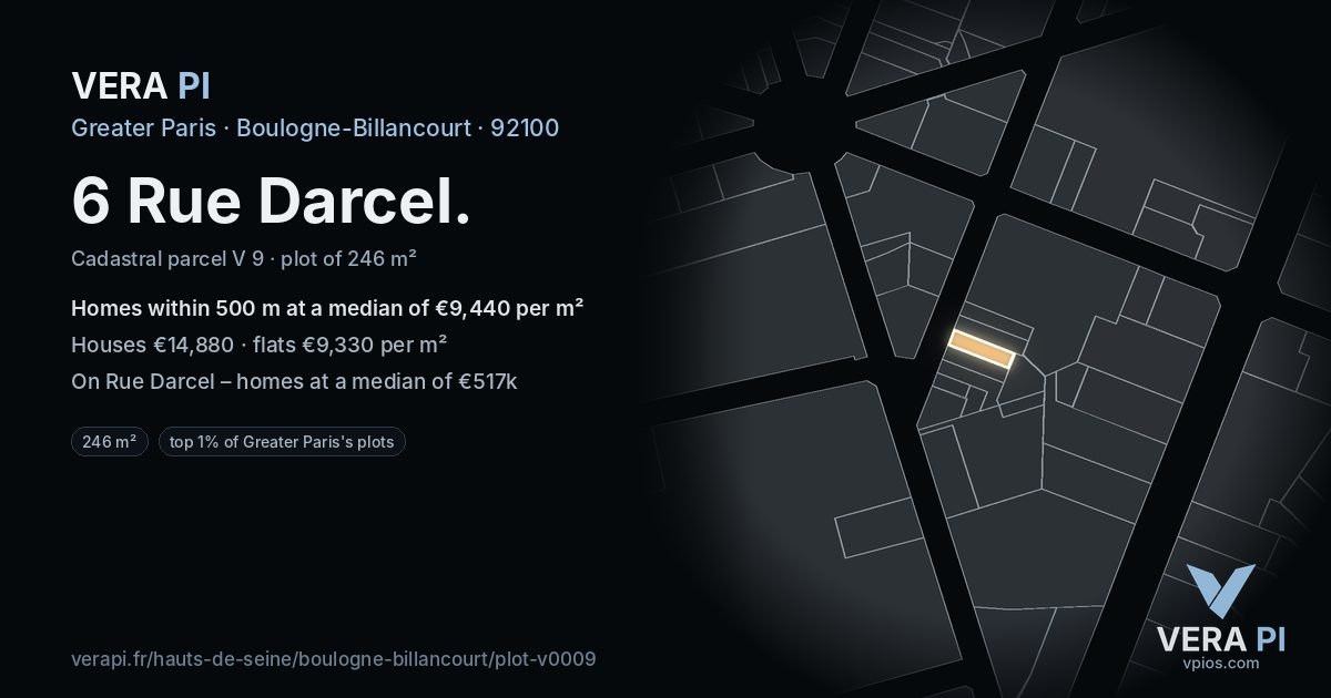 6 Rue Darcel, Boulogne-Billancourt at night – the plot lit, the parcels around coloured by the prices near them