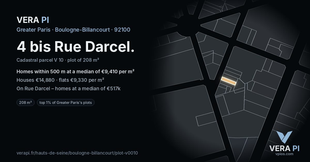 4 bis Rue Darcel, Boulogne-Billancourt at night – the plot lit, the parcels around coloured by the prices near them
