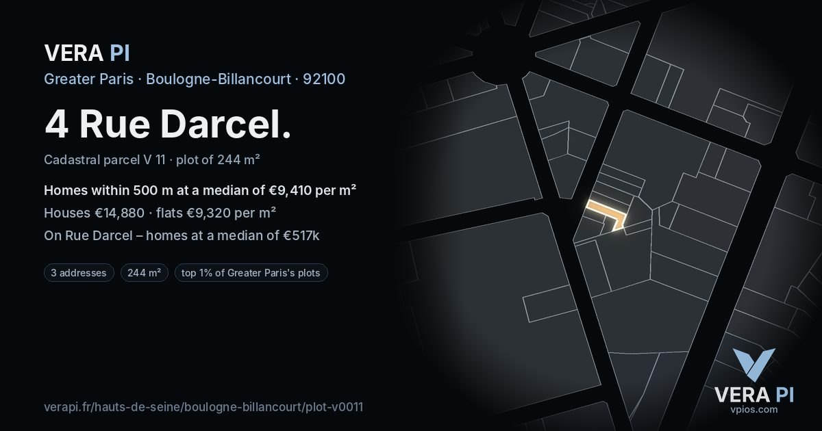 4 Rue Darcel, Boulogne-Billancourt at night – the plot lit, the parcels around coloured by the prices near them