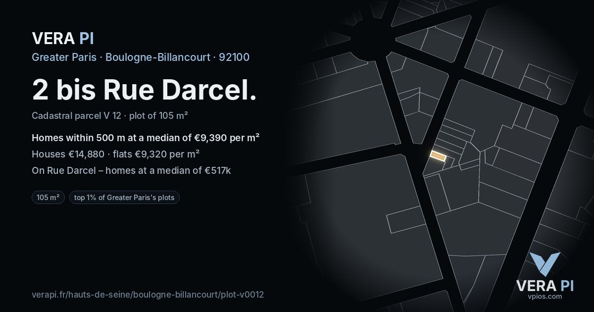 2 bis Rue Darcel, Boulogne-Billancourt at night – the plot lit, the parcels around coloured by the prices near them