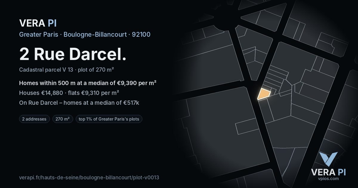 2 Rue Darcel, Boulogne-Billancourt at night – the plot lit, the parcels around coloured by the prices near them