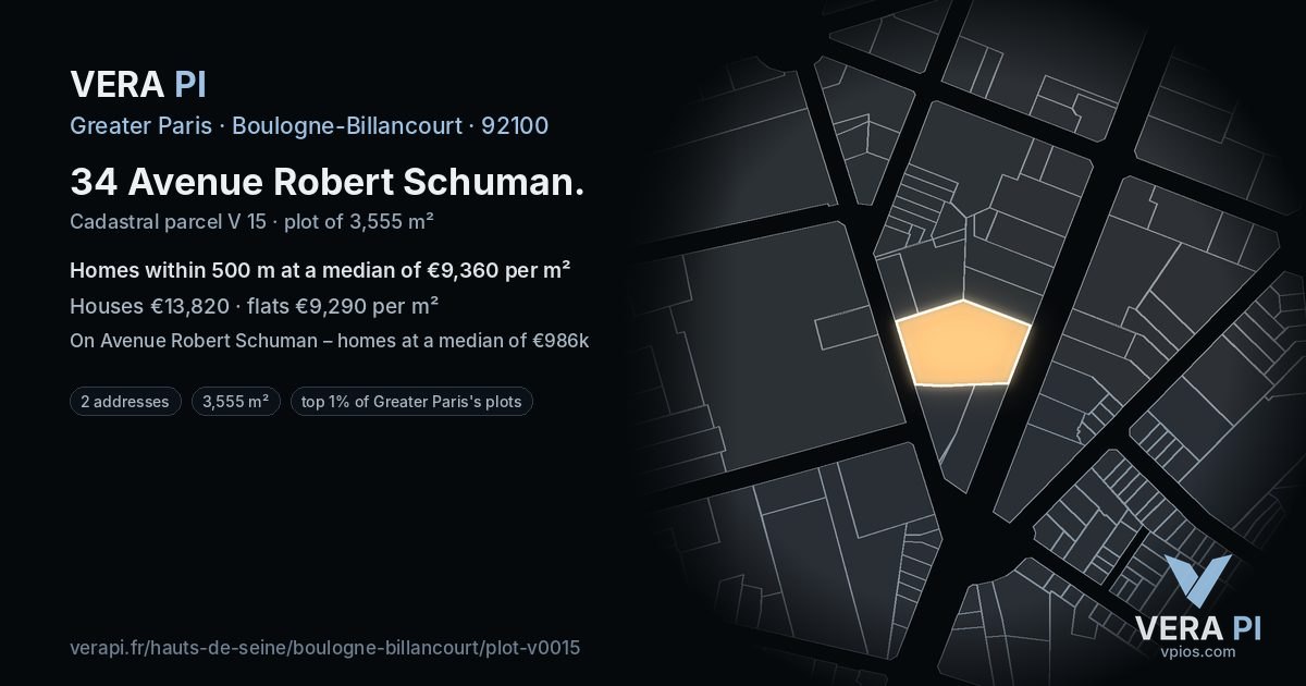 34 Avenue Robert Schuman, Boulogne-Billancourt at night – the plot lit, the parcels around coloured by the prices near them
