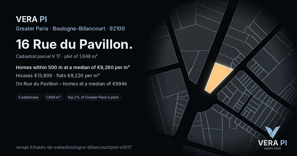 16 Rue du Pavillon, Boulogne-Billancourt at night – the plot lit, the parcels around coloured by the prices near them