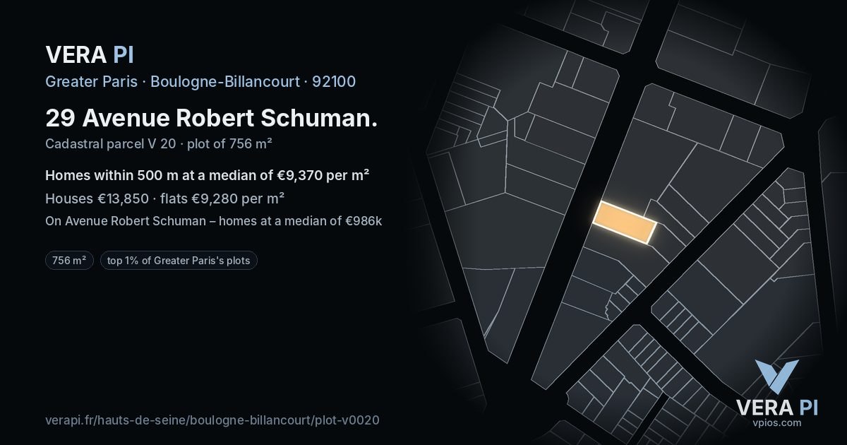 29 Avenue Robert Schuman, Boulogne-Billancourt at night – the plot lit, the parcels around coloured by the prices near them