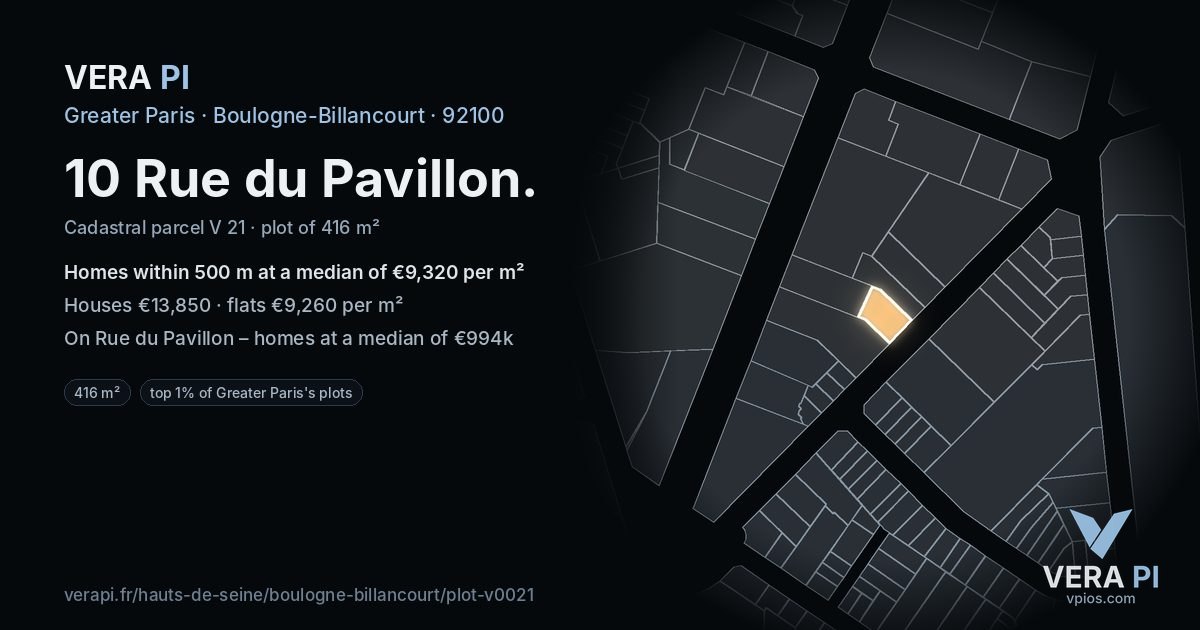 10 Rue du Pavillon, Boulogne-Billancourt at night – the plot lit, the parcels around coloured by the prices near them