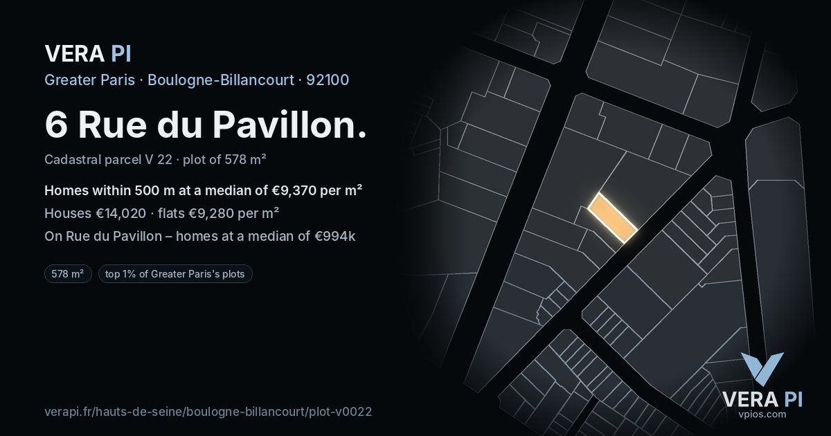 6 Rue du Pavillon, Boulogne-Billancourt at night – the plot lit, the parcels around coloured by the prices near them