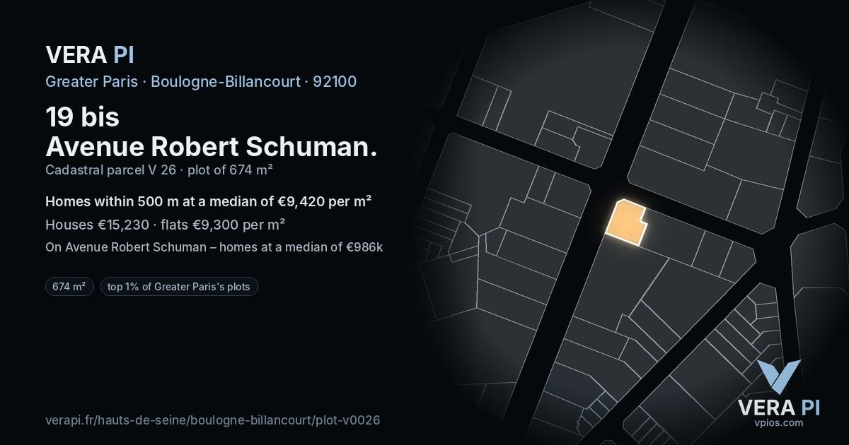 19 bis Avenue Robert Schuman, Boulogne-Billancourt at night – the plot lit, the parcels around coloured by the prices near them