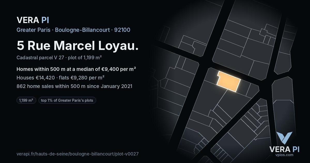 5 Rue Marcel Loyau, Boulogne-Billancourt at night – the plot lit, the parcels around coloured by the prices near them