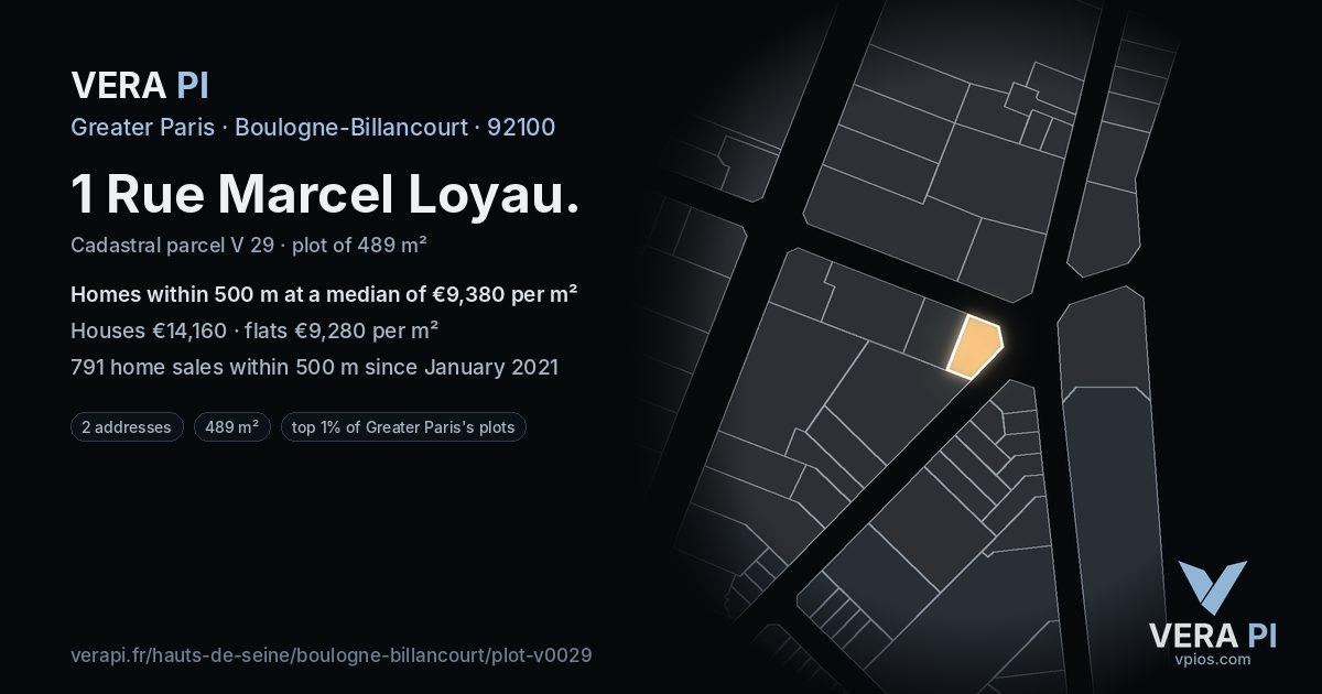 1 Rue Marcel Loyau, Boulogne-Billancourt at night – the plot lit, the parcels around coloured by the prices near them