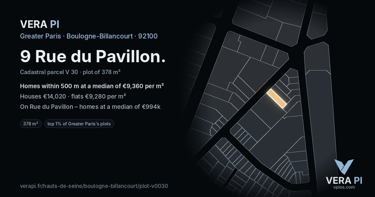 9 Rue du Pavillon, Boulogne-Billancourt at night – the plot lit, the parcels around coloured by the prices near them
