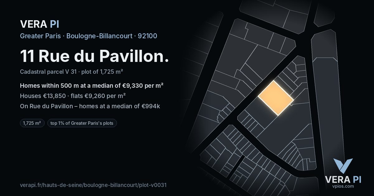 11 Rue du Pavillon, Boulogne-Billancourt at night – the plot lit, the parcels around coloured by the prices near them